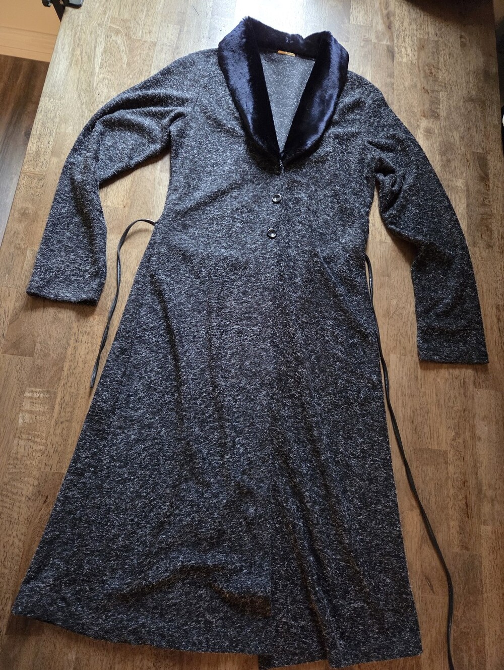 Long Gray Knit Sweater with Lush Faux Fur Shawl Collar